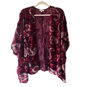 Umgee Paisley Flocked Red Velvet Kimono Semi Sheer Stevie Nicks Gypsy Boho Small
